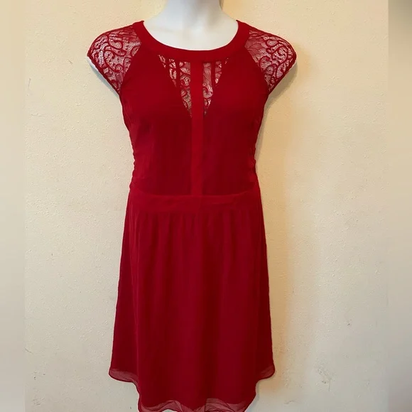 chinese dress ladies Red Lace Midi Dress | Square Neck & Long Sleeves